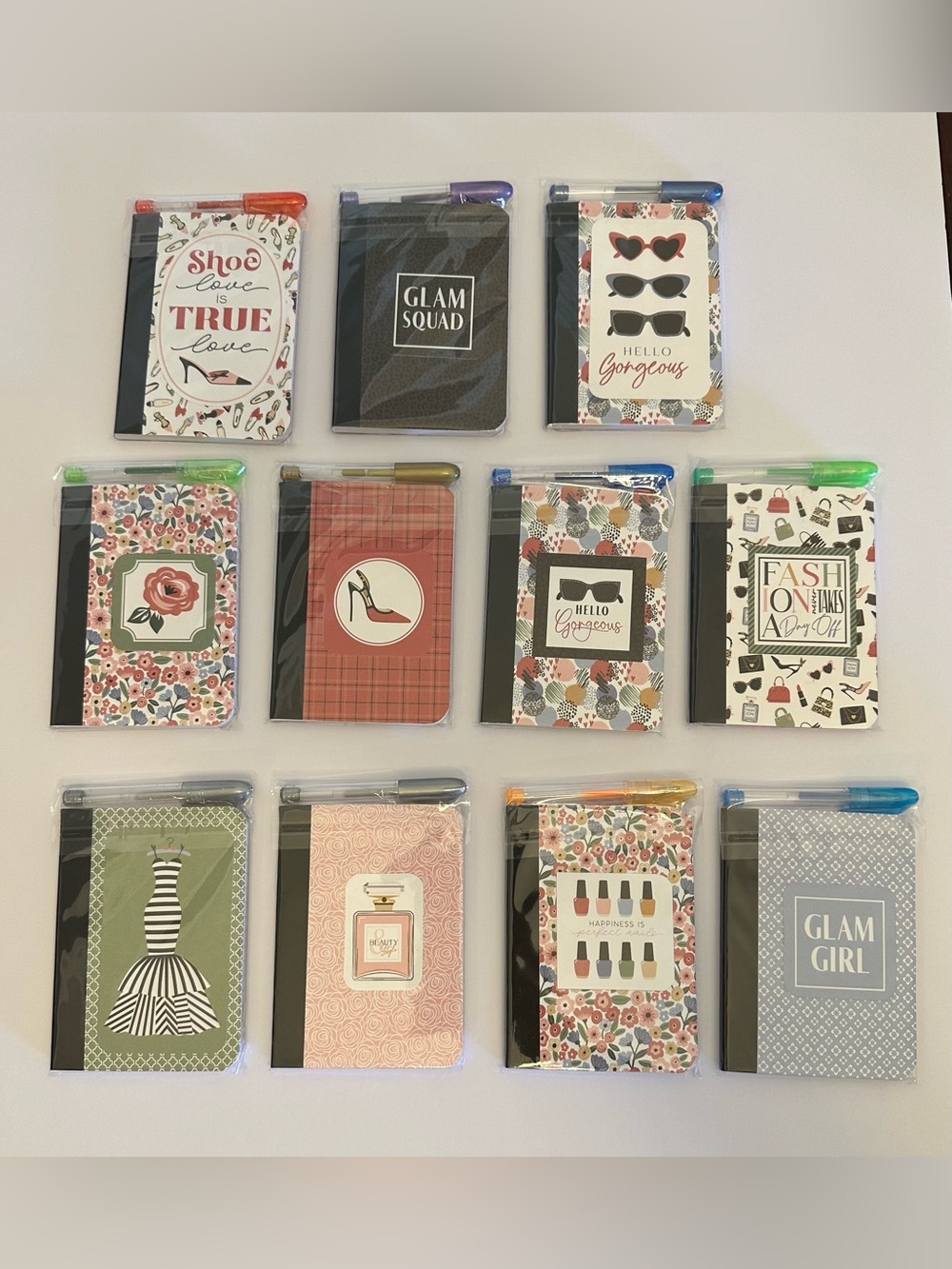 Set of 11 handcrafted Fashion-Themed Pocket Notebooks with Gel Pens